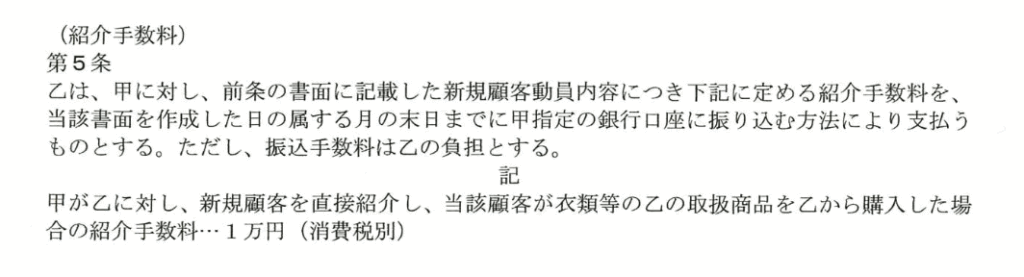 男性向け婚活用の服装コーディネート業者との契約書に記載された「紹介手数料1万円（キックバック）」の条項